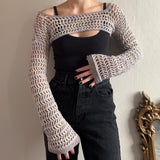 Bonnyshow Y2k Hollow Out Crop Tops Crochet Net Short Pullovers Women Knit Long Sleeve Streetwear Aesthetic Cover Up T-Shirts