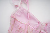 Bonnyshow  Romantic Floral Print Maxi Dress Ruffle Trim Lace Detail Tiered Long Pretty Pink For Women Sleeveless Summer TH9769