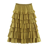 Bonnyshow  Ruffled Midi Skirt Womens Vintage Flounce Skirt Woman New Fashion Elegant Solid Long Skirts autumn Evening Party Skirts