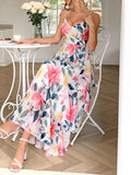 Bonnyshow  Summer Casual Vacation Style Suspender Dress Bohemian Print Cake Dresses Sleeveless Beach Long Dress Women's Vestidos
