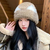 Bonnyshow Cute Cat Ears Beanie Hats for Women Autumn Winter Warm Plush Knitted Cap Cartoon Thick Faux Fur Female Cycling Hats