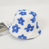 Bonnyshow Korean Flower Plush Bucket Hat for Women Winter Warm Faux Fur Fishermen Cap Solid Color Floral Female Basin Hats