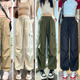 Bonnyshow Casual Joggers Cargo Pants for Women Solid High Waist Pants Drawstring Wide Leg Baggy Trousers Y2k Streetwear Slim Sweatpants