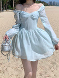 BonnyshowLong Sleeve Dress Female Blue Sweet A-Line Summer High Waist Vintage Slim Fairy Dress Princess Dress Sundress Beachwear Holiday