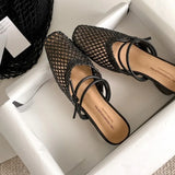 Bonnyshow  Vintage Woven 1 Slip-on Toe Half Slippers Women's New Outwear French Fairy Style Thick Heel Holiday Shoes