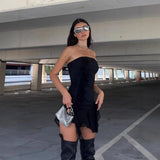 Bonnyshow Black Strapless Mini Dress for Women Sexy Backless Bodycon Club Party Dresses Summer Fashion Irregular Ruffle Y2K Dress