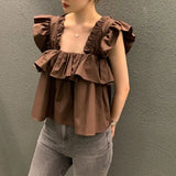 Bonnyshow Solid Color Tanks Korean Summer Niche All-Match Square Collar Irregular Design Loose Short Camisole Women Casual Ves