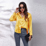 Bonnyshow  Women Spring Autumn Style Satin Blouses Shirts Lady Casual Long Sleeve Turn-down Collar Solid Color Blusas Tops