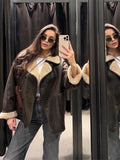 Bonnyshow Retro Casual Leather Brown Women's Jacket Fashion Turndown Collar Plush Lining Jackets Single Breasted Long Sleeve Women Coat