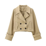 Bonnyshow Casual Loose Turndown Collar Women's Jacket Solid Color Double Breasted  Short Jackets Simple Fashion Vintage Autumn Women Coat