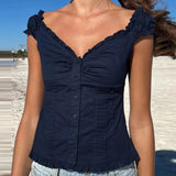Bonnyshow  Preppy Button Down Blouse Tops Y2k Vintage Cap Sleeve Women T-shirt 00s Fairy Frill V Neck Crop Tops Milkmaid Vest