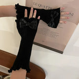 Bonnyshow Women Knitted Bow Tie Fingerless Gloves Lolita Arm Sleeve Y2k Pink Girl Gothic Keep Wamrm Long Gloves Kawaii JK Accessories