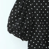 Bonnyshow  women's retro slim fit lapel with bubble sleeves and polka dot print waist cinching summer new shirt