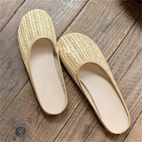 Bonnyshow  High Quality Grass Vine Weaving Round Toe Women Slippers Summer Flat Heels Beach Casual Ladies Shoes