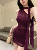 Bonnyshow  Hot Diamond Purple Mesh Strap Dress Women Summer New Slanted Shoulder Wrapped Hip Skirt Exquisite Halter Splicing Dress