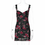 Bonnyshow  Fashion Sleeveless Floral Print Mesh Lace Dresses for Women 2025 Summer Spaghetti Strap Backless Bodycon Mini Party Club Dress