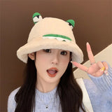 Bonnyshow Cute Frog Fisherman Hat for Women Winter Fluffy Fur Bucket Hats Funny Cartoon Warm Thicken Female Girls Plush Hats