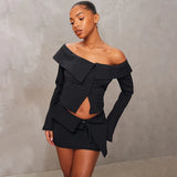 Bonnyshow Sexy Two Piece Sets Women Off-shoulder Long Sleeve T-shirt And Mini Skirt Matching Sets Backless Sexy 2 Piece Sets