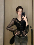 Bonnyshow Elegant Lace V-neck See Through Mesh Shirts Women Spring Autumn New Bottoming Blouses Y2k Slim Fit Flare Sleeve Blusas Mujer