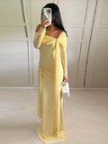 Bonnyshow  Solid Off Shoulder Asymmetric Straps Maxi Dress Long Sleeve Fitted Patchwork 2025 Summer Elegant Vestidos Chic Party Lady Robe