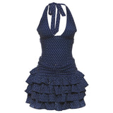 Bonnyshow  Low-Neck Polka Dots Women Two-Piece Set Halter Sleeveless Backless Mini Top+Multi-Layered Ruffles Sweet Bottoms Suits