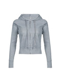 Bonnyshow Gray Slim Zip Up Jackets Hoodies For Women Pockets Long Sleeve Ribbed Solid Simple Basic Casual Preppy Sweatshirts