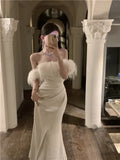 Bonnyshow Celebrity Fashion Off Shoulder White Birthday Dress Elegant Lace Up Back Feather Fur Slash Neck Strapless Evening Party Dress