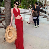 Bonnyshow  Sexy Pleated 2 Piece Suit Women Halter Backless Lace Up Tank Slim Hip Package Long Skirt Female Set Spring Summer Lady Sets
