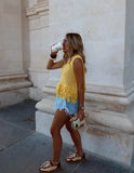 Bonnyshow  Trendy Yellow Fringe Patchwork Woman Vest Top Boho Chic Sleeveless Summer Knit Streetwear 2025 Fashion Hollow Out Casual Blouse