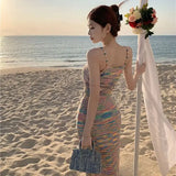 Bonnyshow  Two-Piece Suit Women'S Hollow Out Knitted Rainbow Stripe Camisole Top And Skirt Set Mid Length Skirt Summer Vacation Tops New