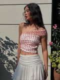 Bonnyshow  Patchwork 2-Piece Set Women Folds Love Print Single Shoulder Sleeve Tops+Solid Multilayer Mesh Skirts Slim Matching Suit