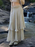 Bonnyshow Boho Vacation Long Skirts Womens Solid Two Layers Asymmetrical Bandage Skirt