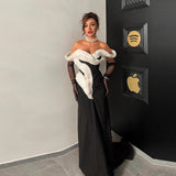 Bonnyshow New Arrival Stretchy Black Long Evening Dresses With White Ruffles Trim Sexy Off The Shoulder Arabic Party Gowns