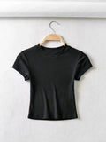 Bonnyshow Summer Sexy Women O-neck Short-sleeve T-shirt Slim Elastic Skinny Crop Tops