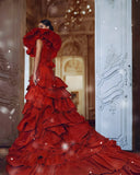Bonnyshow Vintage Royal Red Asymmetrical Satin Long Evening Dresses With Layered Ruffles Details One Shoulder Long Maxi Gowns