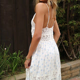 Bonnyshow  Women Lace Patchwork Maxi Dress Backless Boho Floral Long Dress Spaghetti Strap V Neck Low Cut Flowy Sunderss