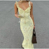 Bonnyshow  Women Sexy Skinny Flower Print Midi Dress Chic Backless Ruffled V Neck Sling Vestidos 2025 Summer Lady Vacation Elegant Sundress