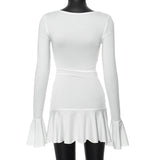 Bonnyshow Long Sleeve White Casual Dress Ruffles Flounce Pleated Sexy Plunging Neck Bodycon Evening Party Dresses