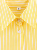 Bonnyshow  Women Oversize Yellow Striped Shirt Front Patch Pocket Long Sleeve Lapel Collar Streetwear Blouse Loose Lady Shirts