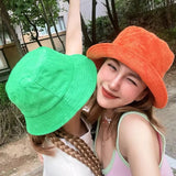 Bonnyshow New Terry Cloth Bucket Hat Women Men Candy Colors Panama Sun Fisherman Hat Towel Casual Travel Wide Brim Beach Fishing Cap