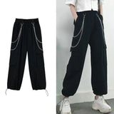 Bonnyshow Streetwear Spring Summer Cargo Pants Women Harajuku Slim Punk Ribbons Joggers Elastic Waist Ankle-Length Trousers For Girls