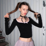 Bonnyshow Solid Bow Wave Cut Backless Basic Undershirt Square Neck Long Sleeve Slim Vest Sweetie Girls Versatile Street T-shirt