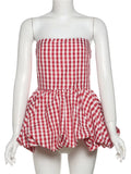 Bonnyshow  Print Red White Checkered Chest Wrap Pleated Fluffy Hem Sleeveless Backless Vacation Versatile Beach Party Trend Tops