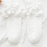 Bonnyshow White Lolita Japanese Frilly Ruffle Socks Women Socks Solid White Black Meshes Lace Girls Sweet Harajuku Kawaii Cute Short Socks
