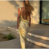 Bonnyshow  Sexy Backless Off Shoulder Lace-up Yellow Satin Dress Women Fashion Sleeveless Bodycon Midi Dresses Summer New Beach Party Robe