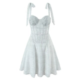 Bonnyshow  Sexy Corset Style Sling Polka Dot Mini Dress Women Lace Up Bandage Back Low Waist  A-line Summer Dresses Party Robe