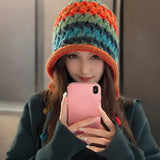 Bonnyshow Women's Y2K Kawaii Knitted Hat Contrast Color Tassel Ball Beanie Hats With Ear Flaps Ushanka Warm Cap For Winter Fall