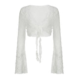 Bonnyshow  Y2K Solid Flared Sleeve Cardigan Casual Lace-up Beach Cover-Ups Coquette White Long Sleeves Shirts Sunscreen Outwear