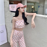 Bonnyshow  2 Piece Set Women Strapless Crop Top + Wide Leg Pants Suits Female Sexy Outfits For Woman Ins New Summer Fashion Casual Plaid