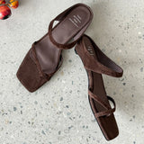 Bonnyshow  Women's natural suede leather narrow band slip-on summer 2.5cm kitten heel slides sandals elegant ladies slim dress shoes woman